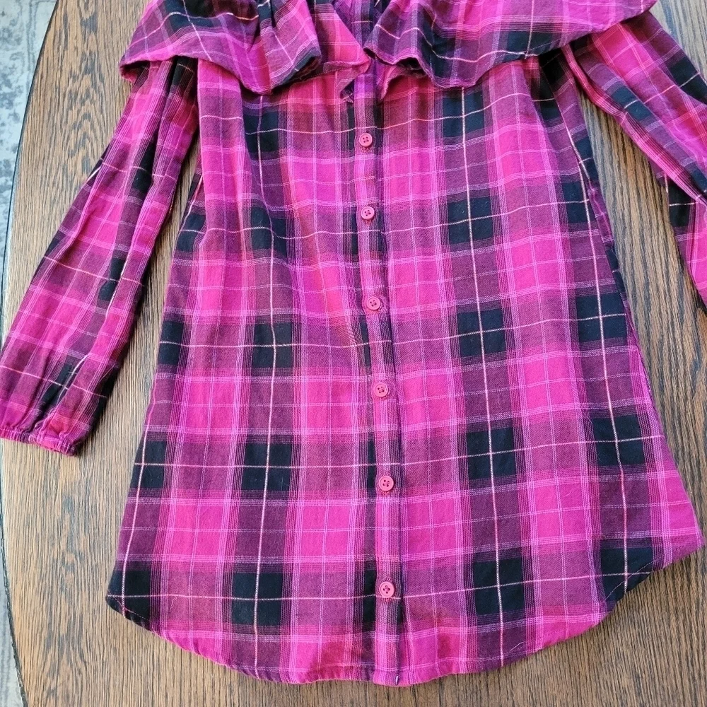 PLACE Long Sleeve Plaid Ruffle Twill Cold Shoulder Dress Size Girl's Medium NEW